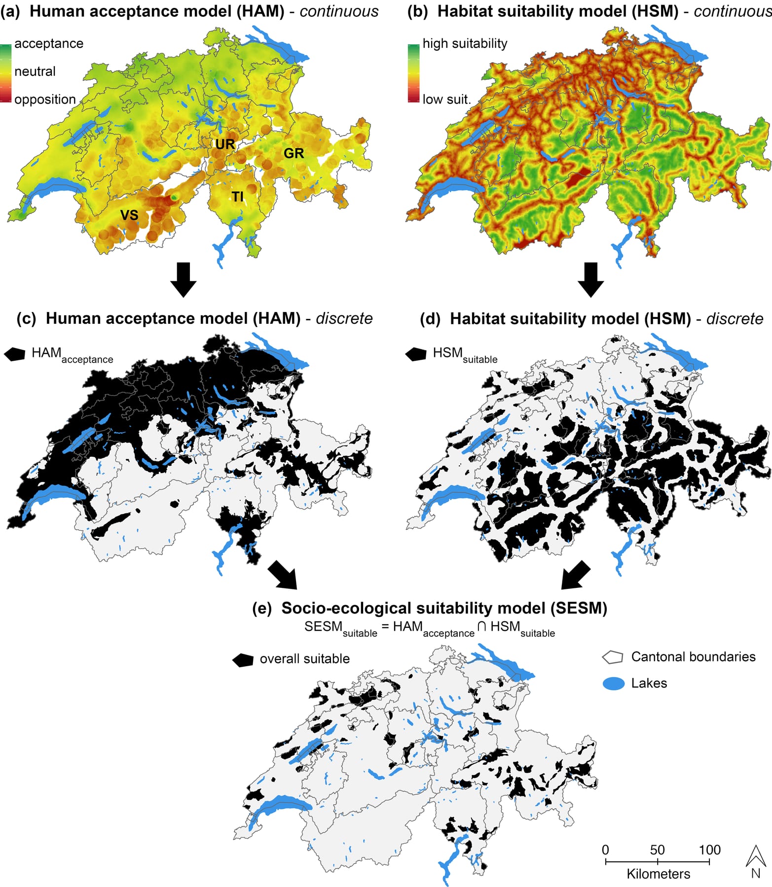 Five maps of Switzerland. Top left: acceptance of the wolf, from green (accepted) to red (opposed), lowest in the Valais. Top right: wolf habitat, from green (good) to red (poor). Middle: the same two maps in black and white. Bottom: small black patches where good habitat and acceptance overlap.