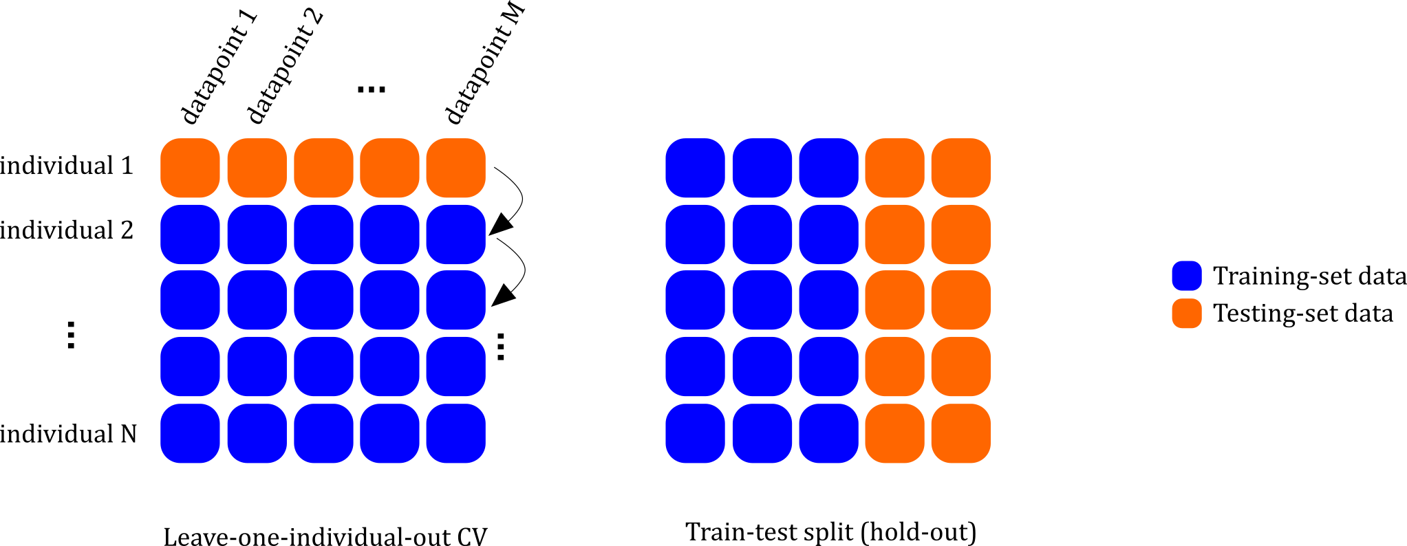Model validation. When it comes to evaluating model performance, a crucial aspect that sets leave-one-individual-out cross-validation (CV) apart is that it can test how well the model performs on data from an individual unseen by the trained model. Other approaches, such as train-test split (hold-out) mix data from different individuals, and hence cannot evaluate the model’s capability to generalise to new individuals. Note that for the sake of clarity, we’ve shown all individuals to have an equal number (M) of datapoints; in general, this might not be the case.