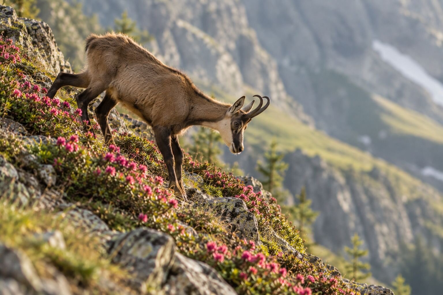 An AI-generated picture of a chamois grazing among alpine roses on a steep rocky slope; it has only three legs.