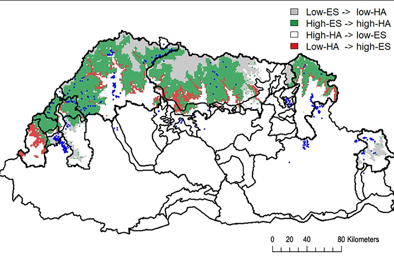 Map of northern Bhutan: large green areas of suitable and accepted snow leopard habitat along the northern border, smaller red areas of suitable habitat with low acceptance, and blue dots for snow leopard records.